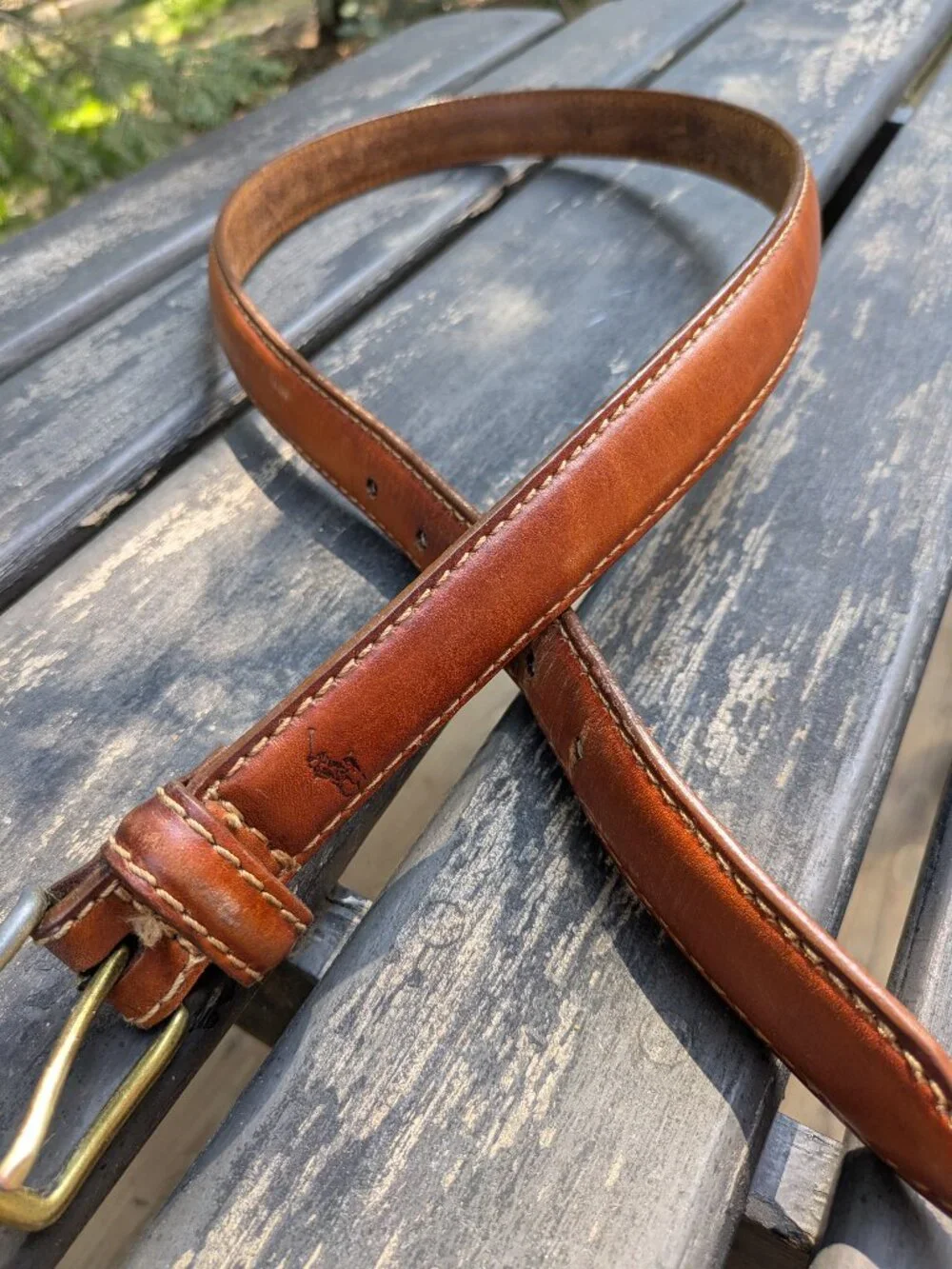 Vintage Polo Ralph Lauren Brown Leather Belt Debossed Pony Logo Brass.